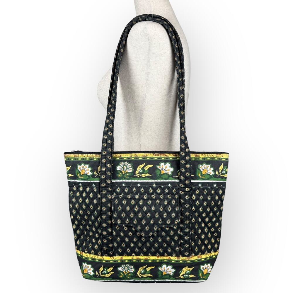 Vintage 90s Quilted Tote Purse Bag Black Green Paisley Floral Retro Casual